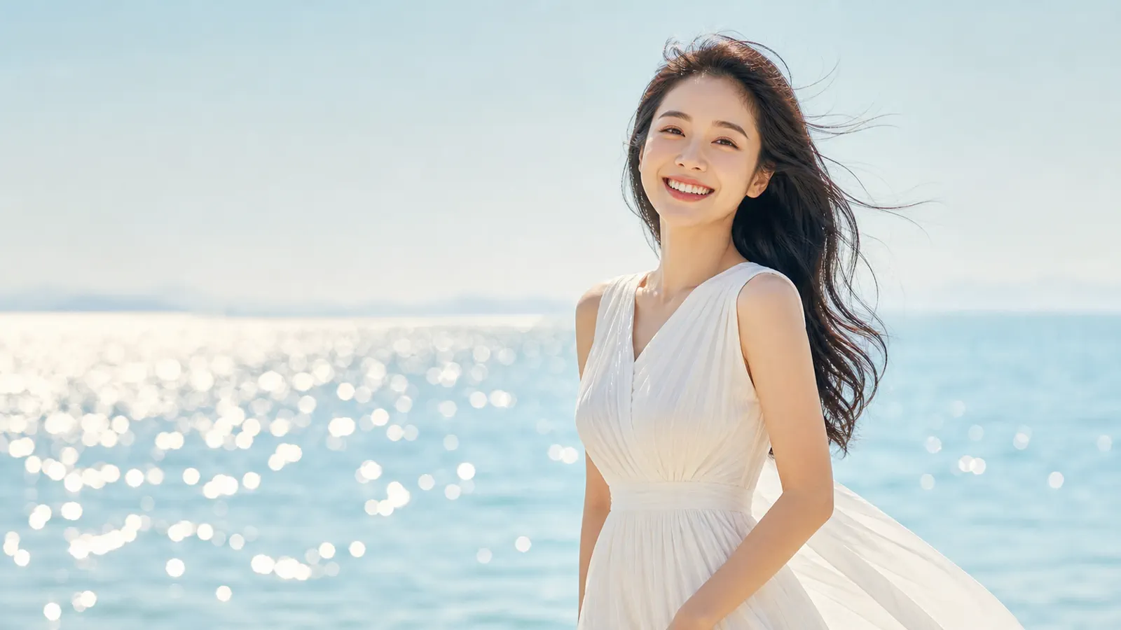 윤슬이 반짝이는 바다 앞에서 활짝 웃는 K-디바 모델